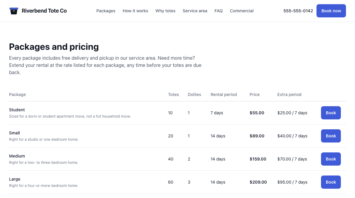 A tote rental booking site built on ToteOS, showing packages, tote counts, rental periods, prices, extension rates and a book button on every row.