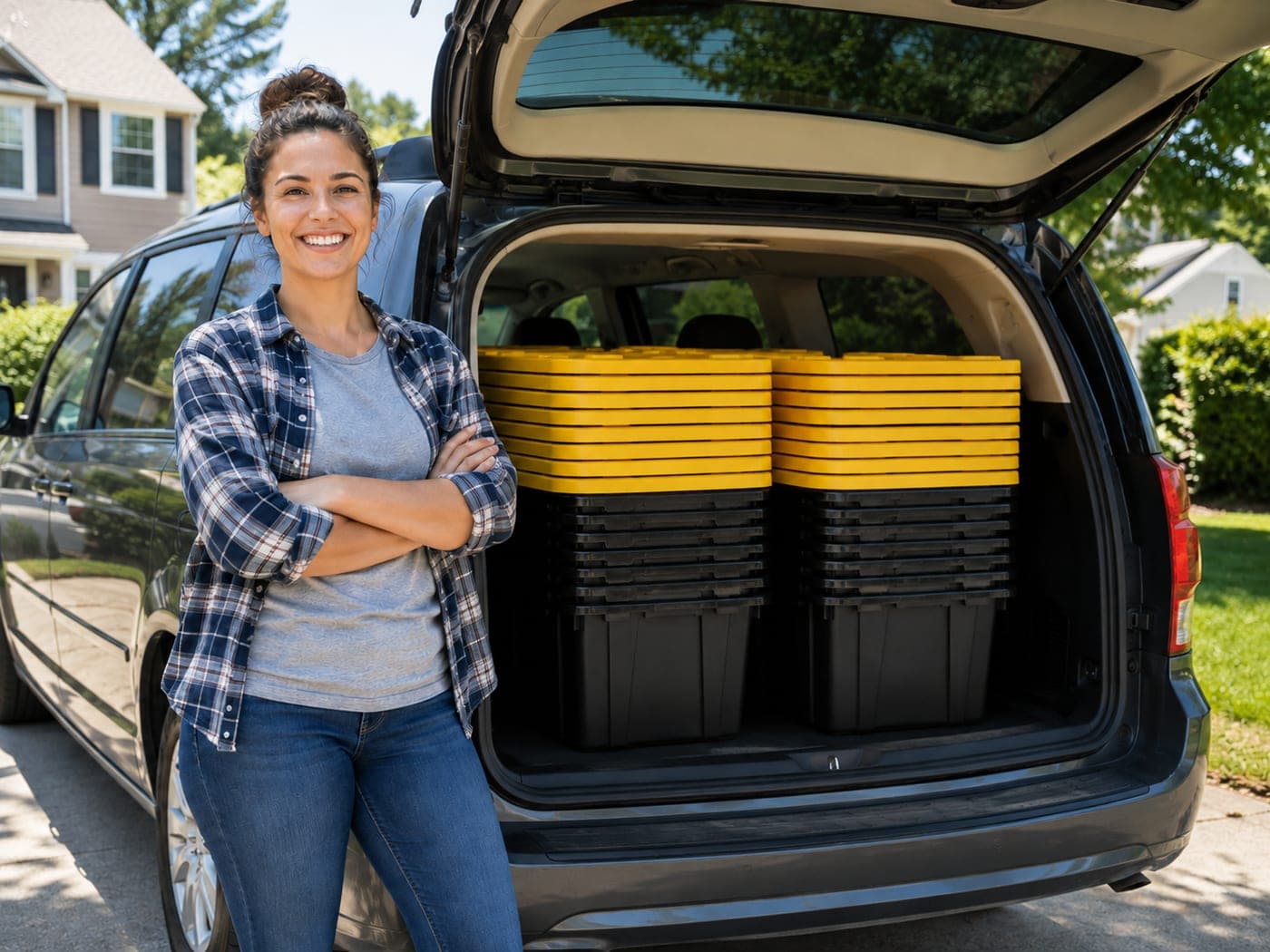 A tote rental operator standing beside her minivan in a driveway, the back loaded with stacks of black totes with yellow lids.